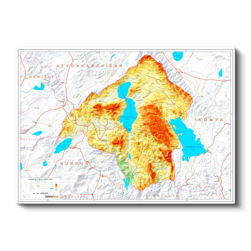 Yatay Kanvas Tablo Isparta Arazi Şekilleri Harita Tablosu Ev Ofis Duvar Dekoru