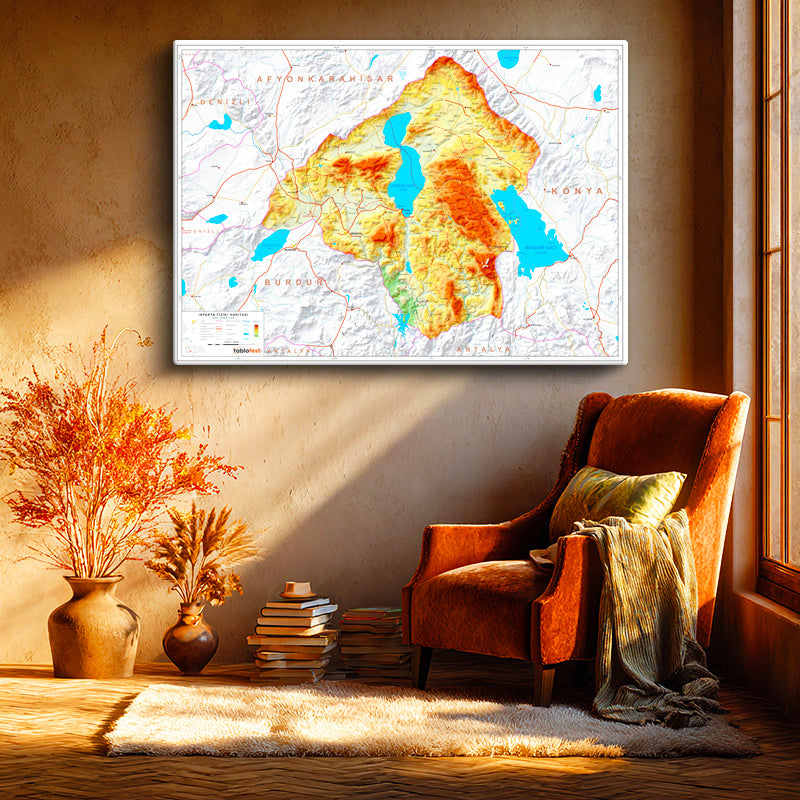 Yatay Kanvas Tablo Isparta Arazi Şekilleri Harita Tablosu Ev Ofis Duvar Dekoru