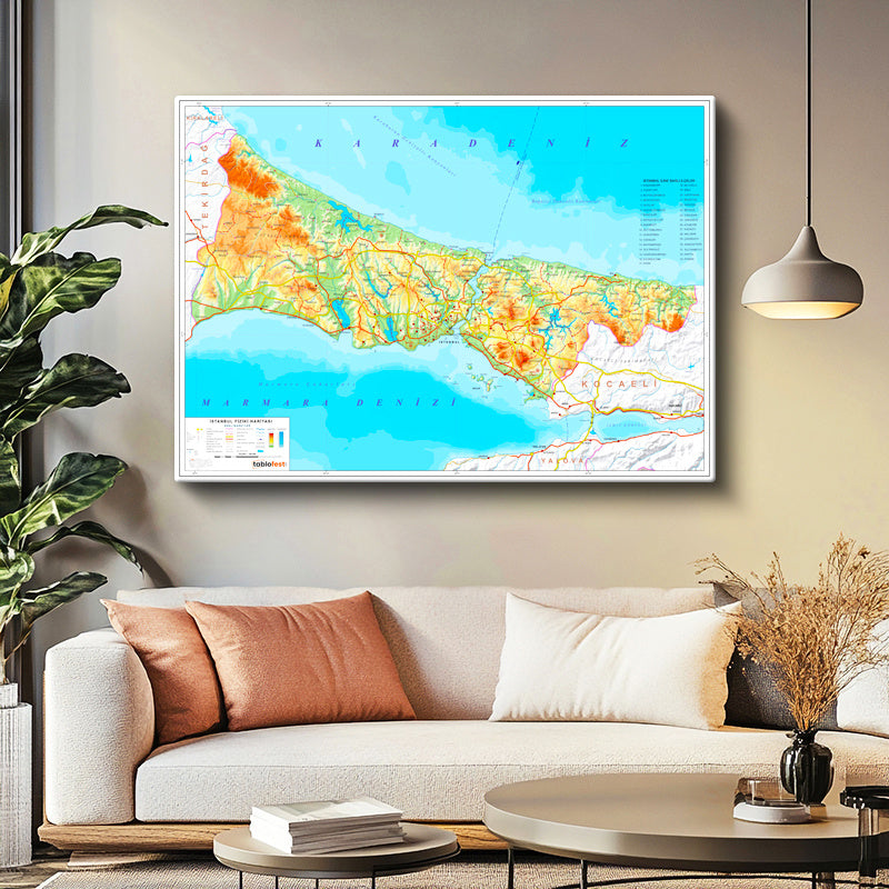 Yatay Kanvas Tablo İstanbul Topografik Yapı Harita Tablosu Ev Ofis Duvar Dekoru