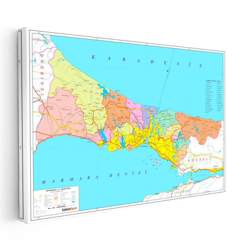 Yatay Kanvas Tablo İstanbul İlçe Sınırları Harita Tablosu Ev Ofis Duvar Dekoru