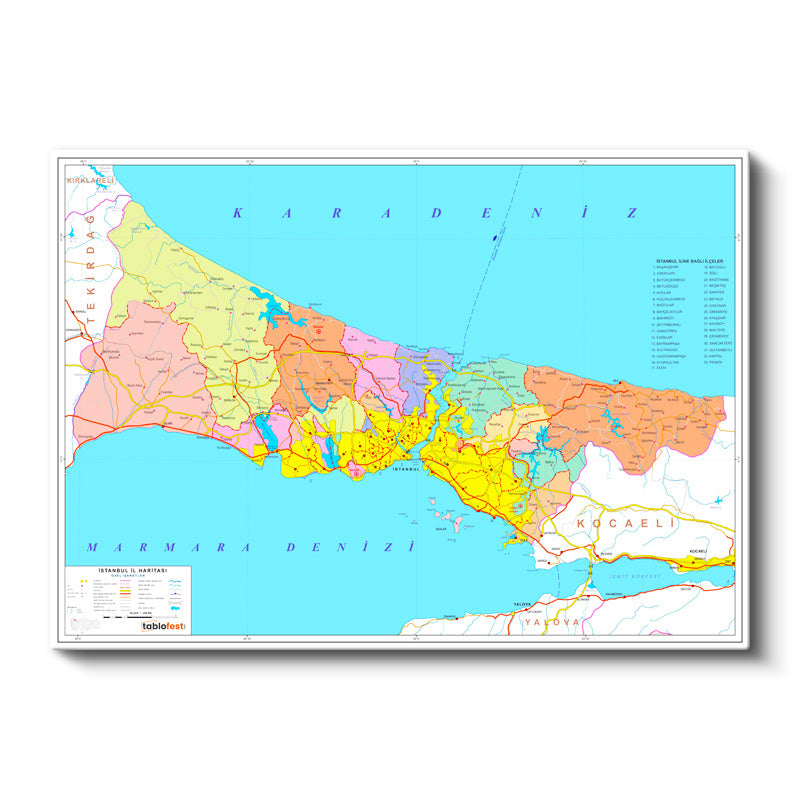 Yatay Kanvas Tablo İstanbul İlçe Sınırları Harita Tablosu Ev Ofis Duvar Dekoru