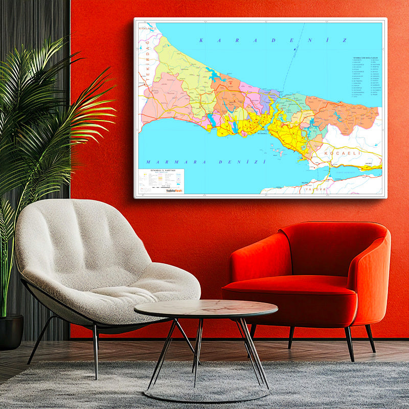 Yatay Kanvas Tablo İstanbul İlçe Sınırları Harita Tablosu Ev Ofis Duvar Dekoru