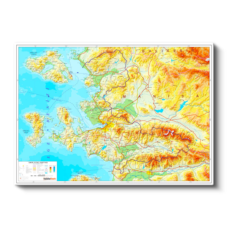Yatay Kanvas Tablo İzmir Fiziki Yeryüzü Harita Tablosu Ev Ofis Duvar Dekoru
