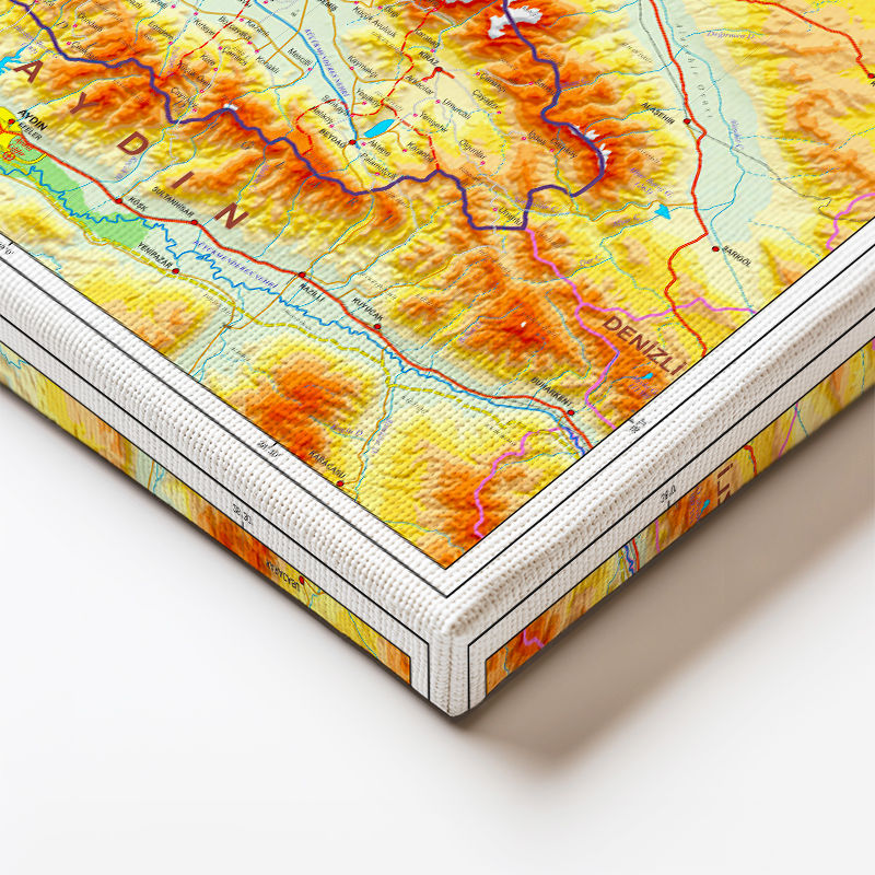 Yatay Kanvas Tablo İzmir Fiziki Yeryüzü Harita Tablosu Ev Ofis Duvar Dekoru