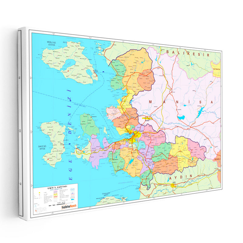 Yatay Kanvas Tablo İzmir İdari Bölümler Harita Tablosu Ev Ofis Duvar Dekoru