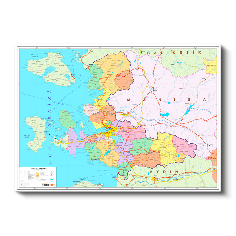 Yatay Kanvas Tablo İzmir İdari Bölümler Harita Tablosu Ev Ofis Duvar Dekoru
