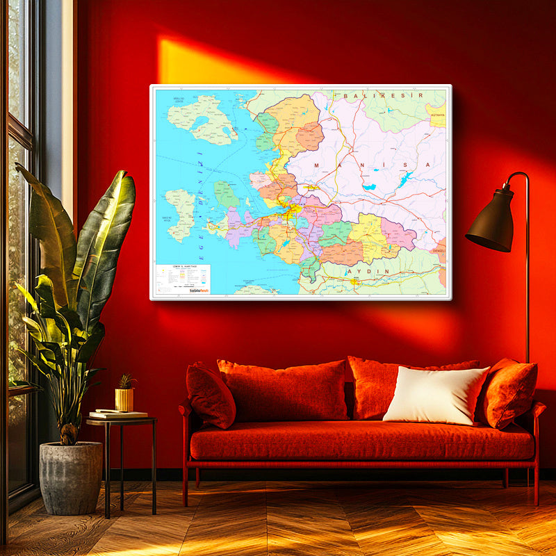 Yatay Kanvas Tablo İzmir İdari Bölümler Harita Tablosu Ev Ofis Duvar Dekoru
