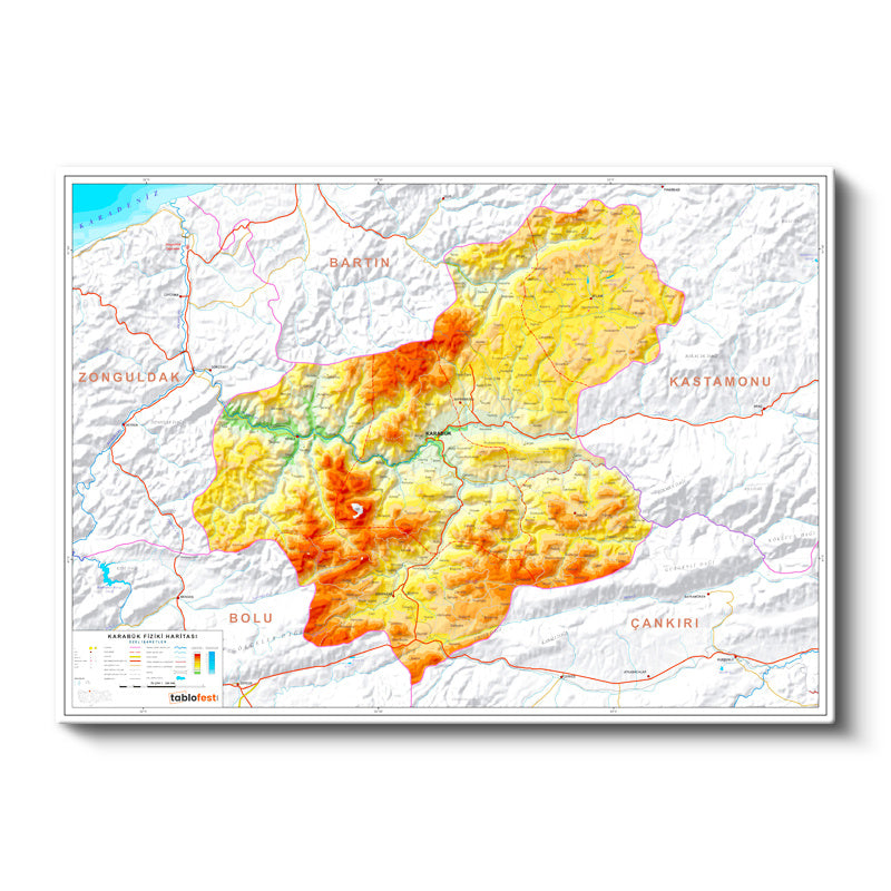 Yatay Kanvas Tablo Karabük Doğal Oluşum Harita Tablosu Ev Ofis Duvar Dekoru