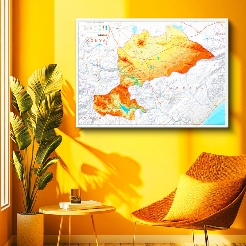 Yatay Kanvas Tablo Karaman Arazi Şekilleri Harita Tablosu Ev Ofis Duvar Dekoru