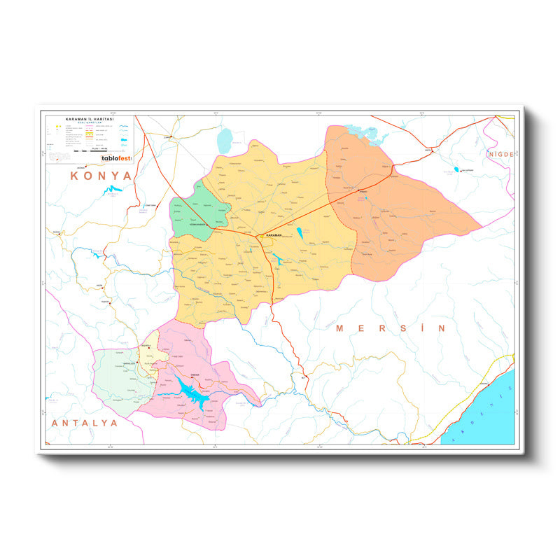 Yatay Kanvas Tablo Karaman Siyasi Sınır Harita Tablosu Ev Ofis Duvar Dekoru