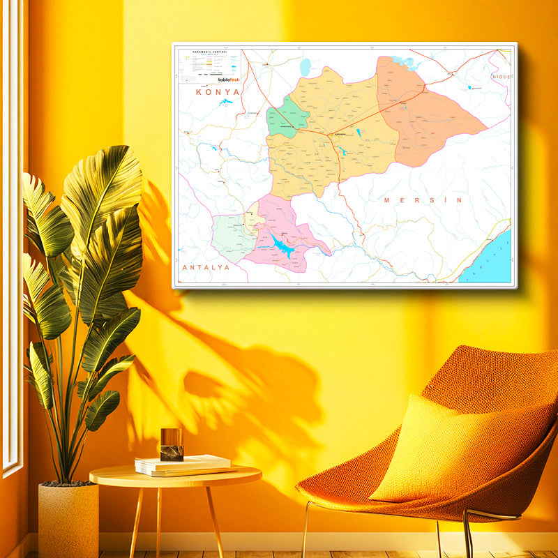 Yatay Kanvas Tablo Karaman Siyasi Sınır Harita Tablosu Ev Ofis Duvar Dekoru