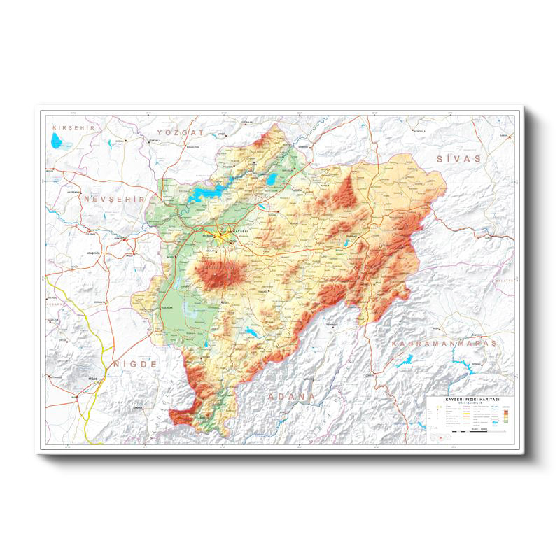 Yatay Kanvas Tablo Kayseri Topografik Çizim Harita Tablosu Ev Ofis Duvar Dekoru