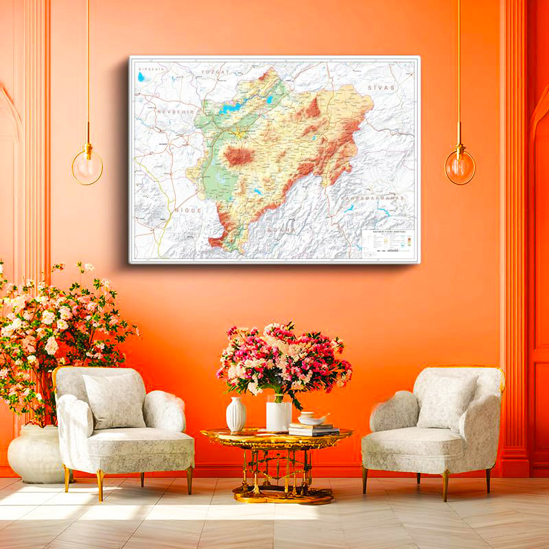 Yatay Kanvas Tablo Kayseri Topografik Çizim Harita Tablosu Ev Ofis Duvar Dekoru