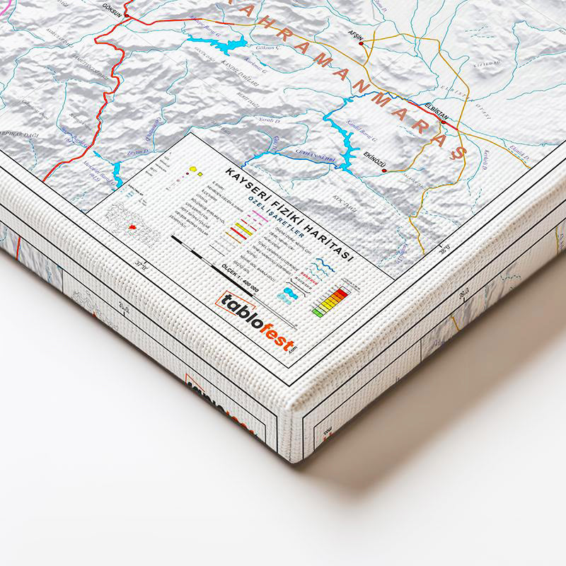 Yatay Kanvas Tablo Kayseri Topografik Çizim Harita Tablosu Ev Ofis Duvar Dekoru