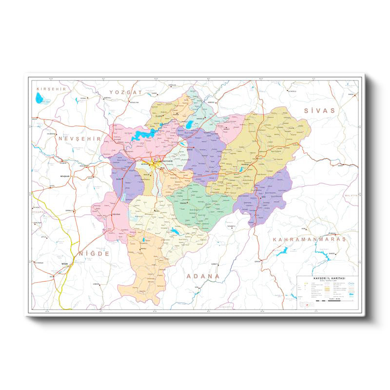Yatay Kanvas Tablo Kayseri Mülki İdare Harita Tablosu Ev Ofis Duvar Dekoru
