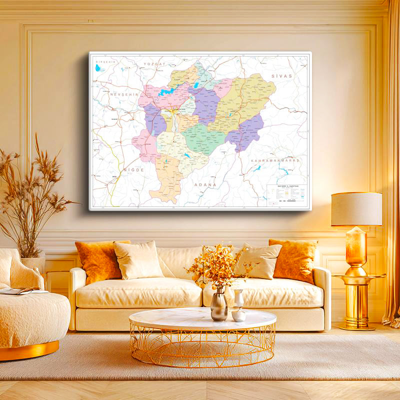 Yatay Kanvas Tablo Kayseri Mülki İdare Harita Tablosu Ev Ofis Duvar Dekoru