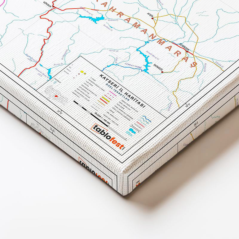 Yatay Kanvas Tablo Kayseri Mülki İdare Harita Tablosu Ev Ofis Duvar Dekoru