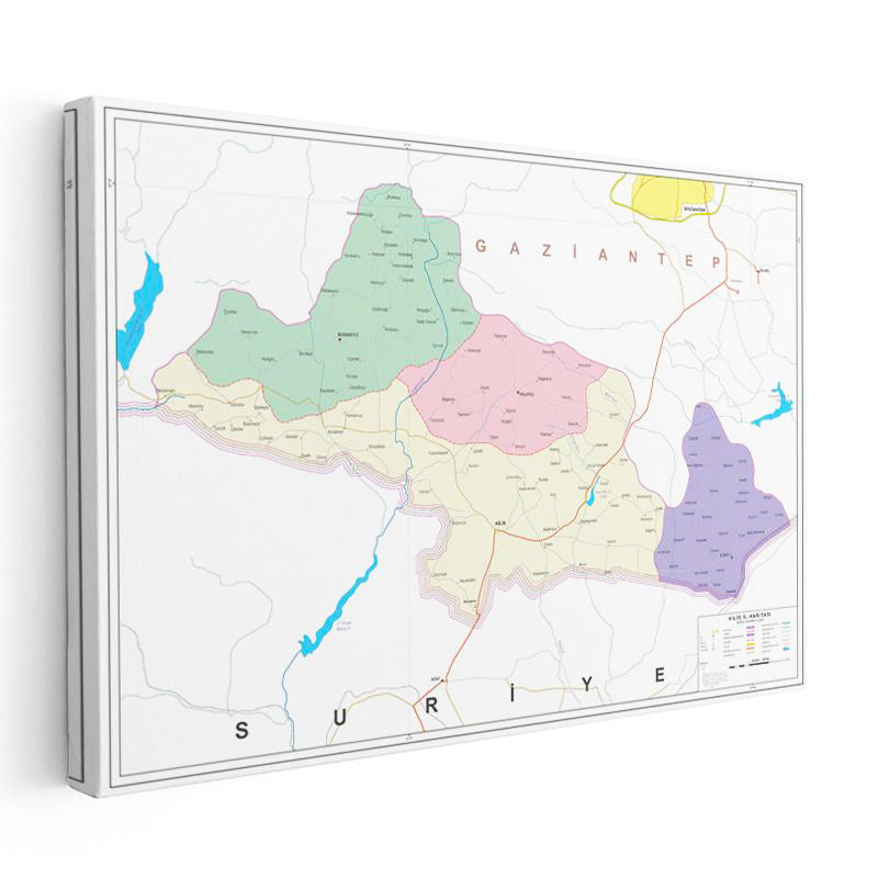 Yatay Kanvas Tablo Kilis İlçe Detaylı Harita Tablosu Ev Ofis Duvar Dekoru