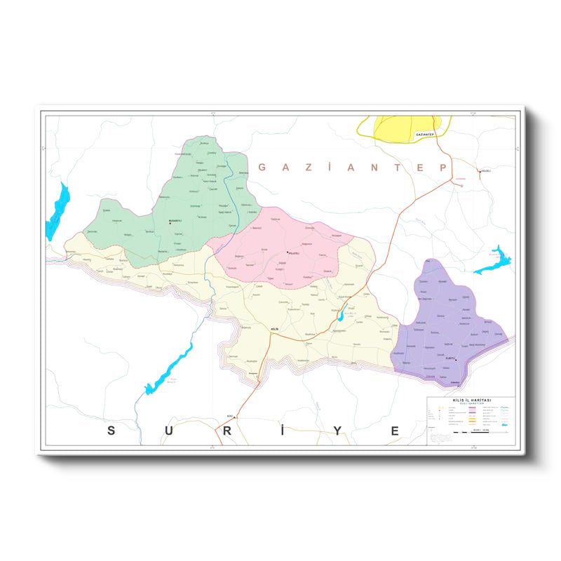 Yatay Kanvas Tablo Kilis İlçe Detaylı Harita Tablosu Ev Ofis Duvar Dekoru