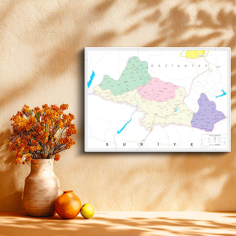 Yatay Kanvas Tablo Kilis İlçe Detaylı Harita Tablosu Ev Ofis Duvar Dekoru