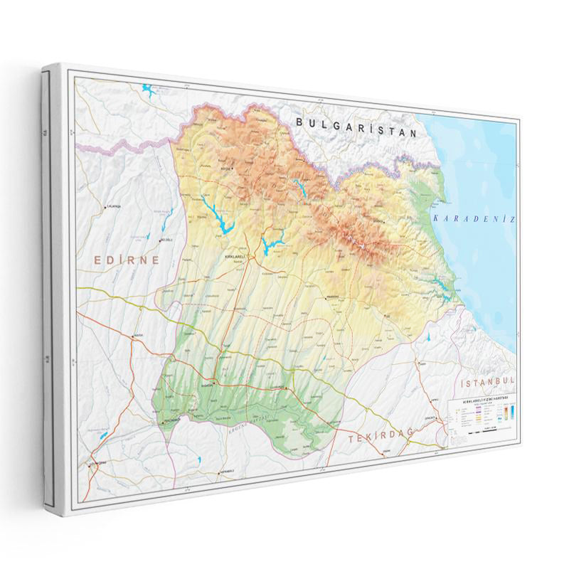 Yatay Kanvas Tablo Kırklareli Fiziki Yeryüzü Harita Tablosu Ev Ofis Duvar Dekoru