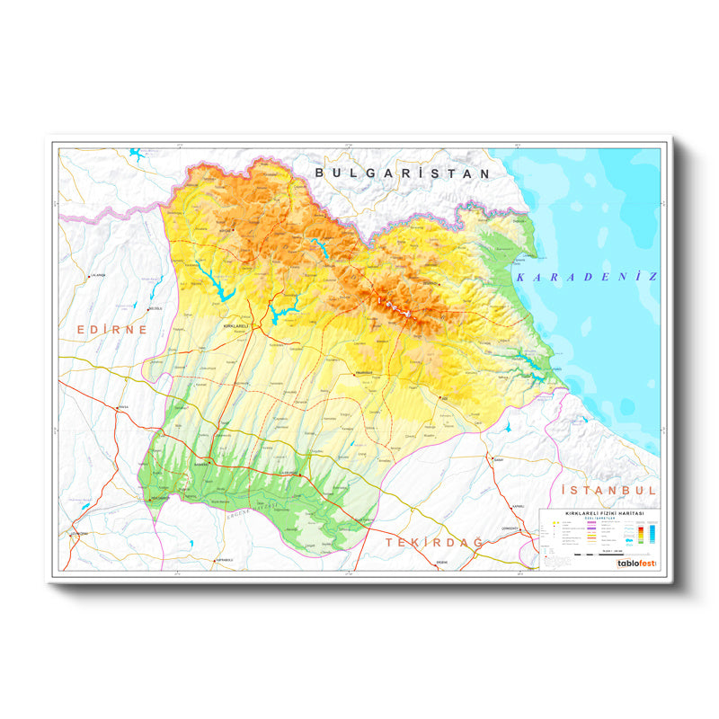 Yatay Kanvas Tablo Kırklareli Fiziki Yeryüzü Harita Tablosu Ev Ofis Duvar Dekoru