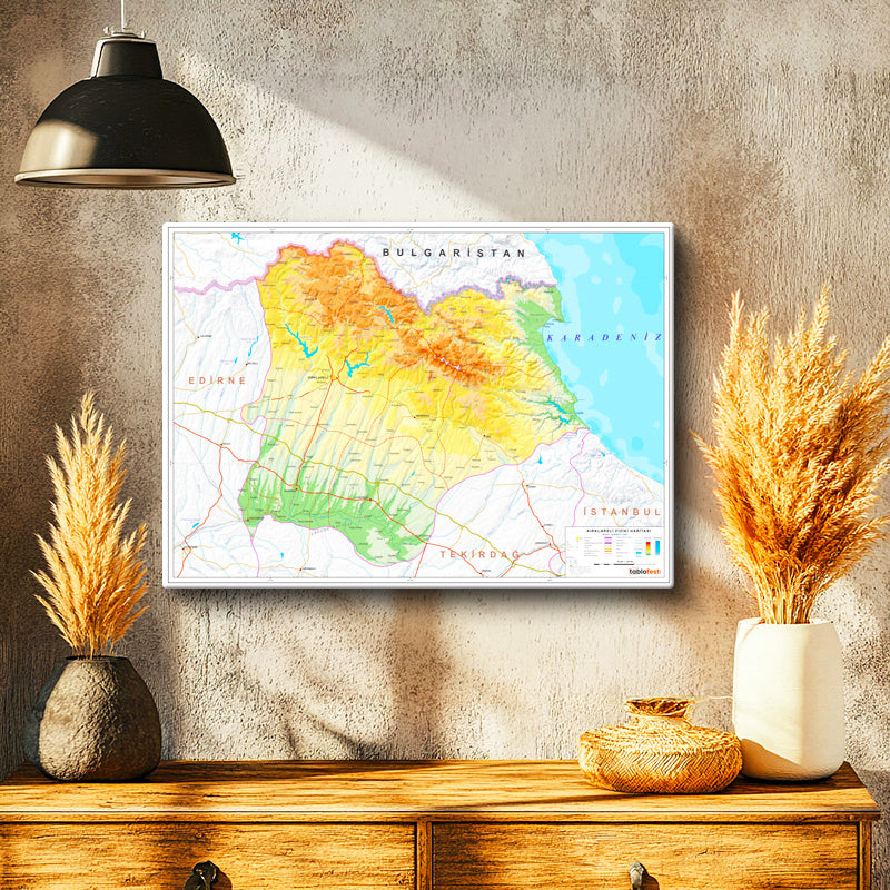 Yatay Kanvas Tablo Kırklareli Fiziki Yeryüzü Harita Tablosu Ev Ofis Duvar Dekoru