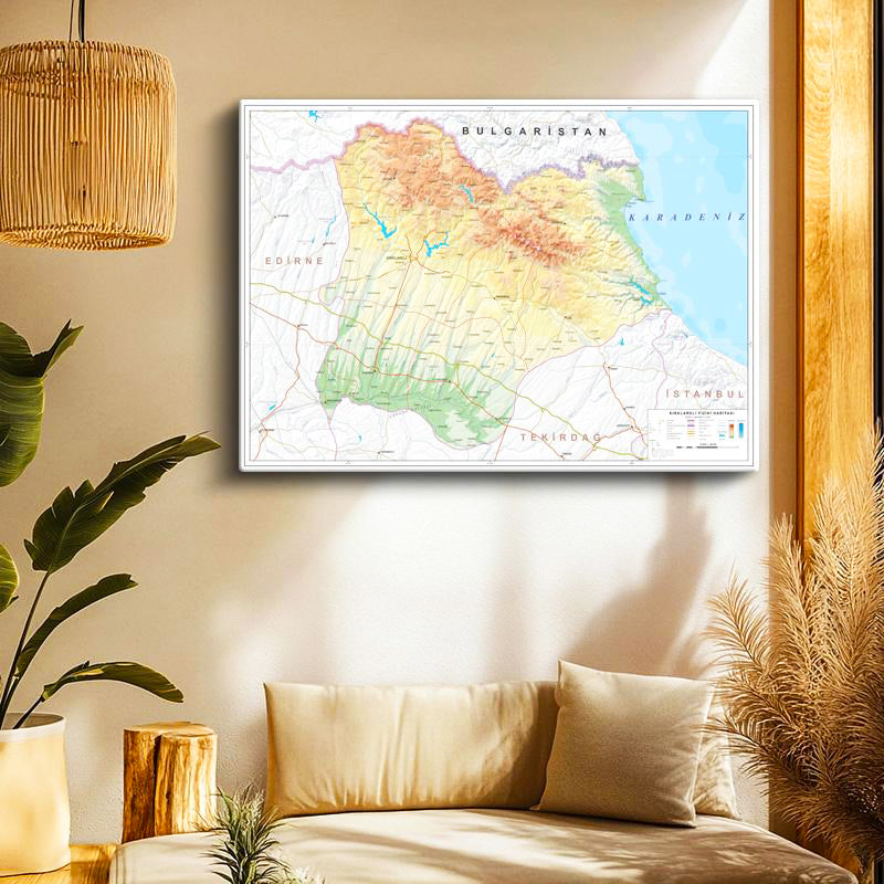 Yatay Kanvas Tablo Kırklareli Fiziki Yeryüzü Harita Tablosu Ev Ofis Duvar Dekoru