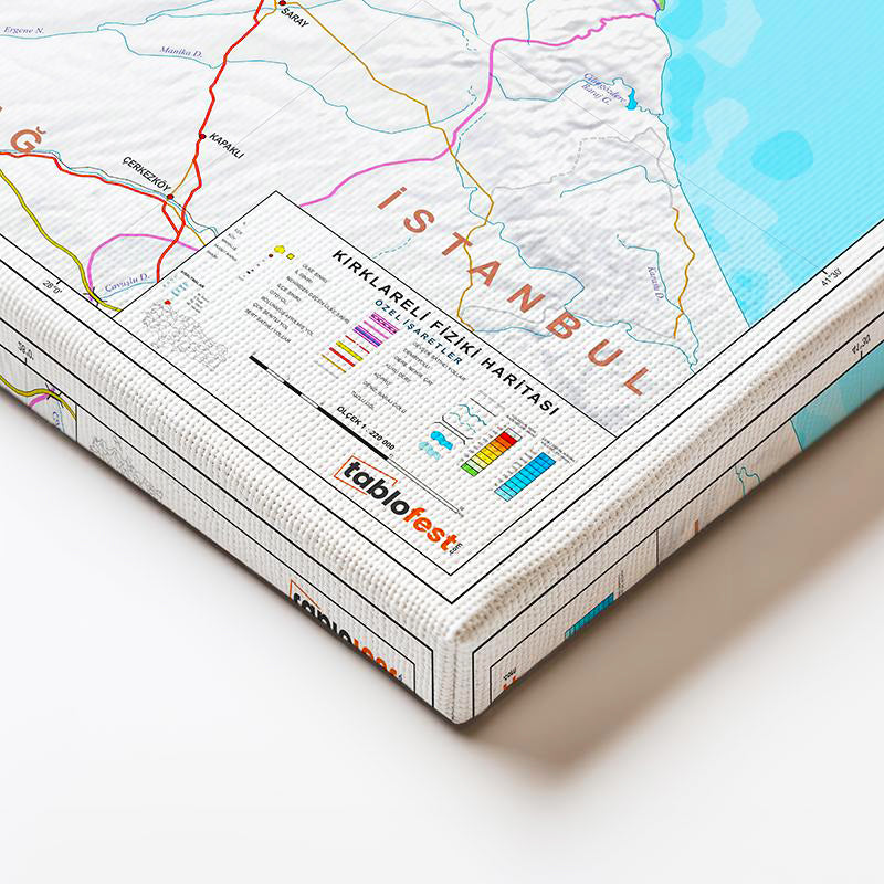 Yatay Kanvas Tablo Kırklareli Fiziki Yeryüzü Harita Tablosu Ev Ofis Duvar Dekoru