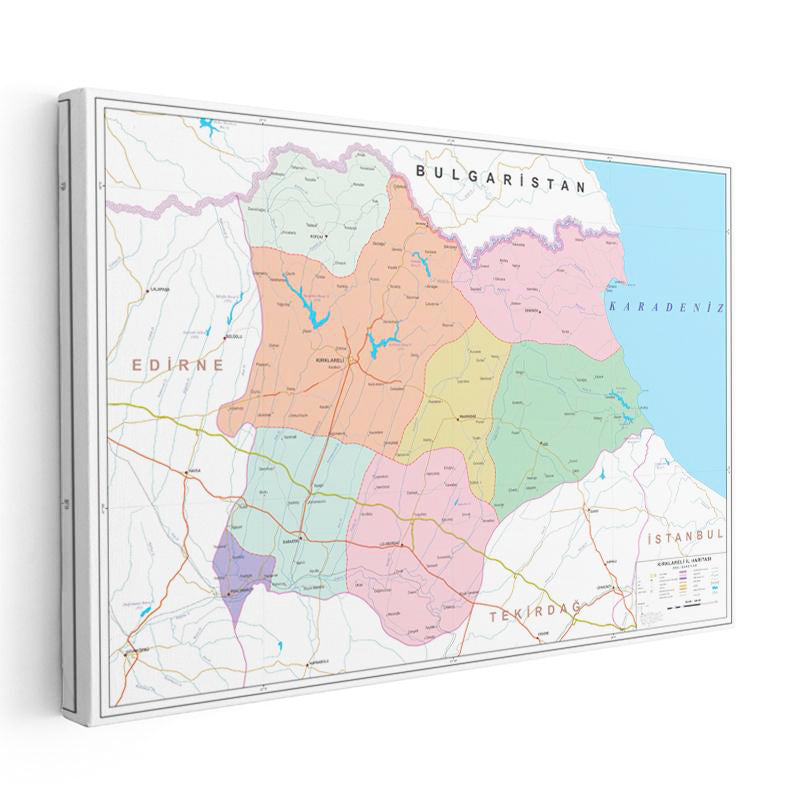 Yatay Kanvas Tablo Kırklareli İdari Bölümler Harita Tablosu Ev Ofis Duvar Dekoru