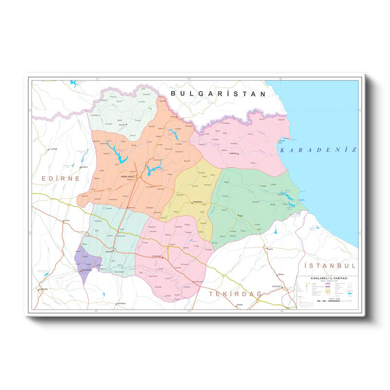 Yatay Kanvas Tablo Kırklareli İdari Bölümler Harita Tablosu Ev Ofis Duvar Dekoru