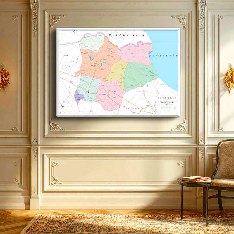 Yatay Kanvas Tablo Kırklareli İdari Bölümler Harita Tablosu Ev Ofis Duvar Dekoru