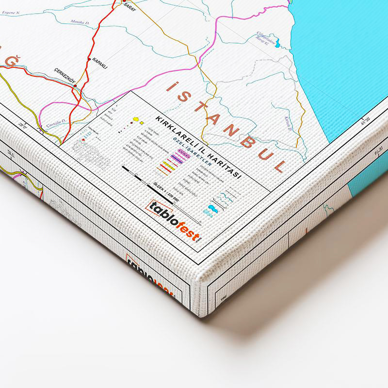 Yatay Kanvas Tablo Kırklareli İdari Bölümler Harita Tablosu Ev Ofis Duvar Dekoru