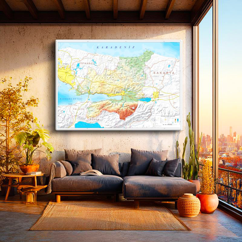 Yatay Kanvas Tablo Kocaeli Topografik Harita Tablosu Ev Ofis Duvar Dekoru