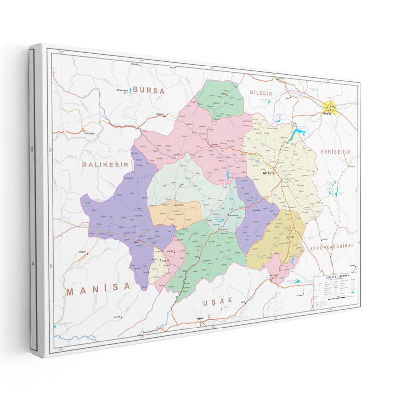 Yatay Kanvas Tablo Kütahya İlçe Sınırları Harita Tablosu Ev Ofis Duvar Dekoru
