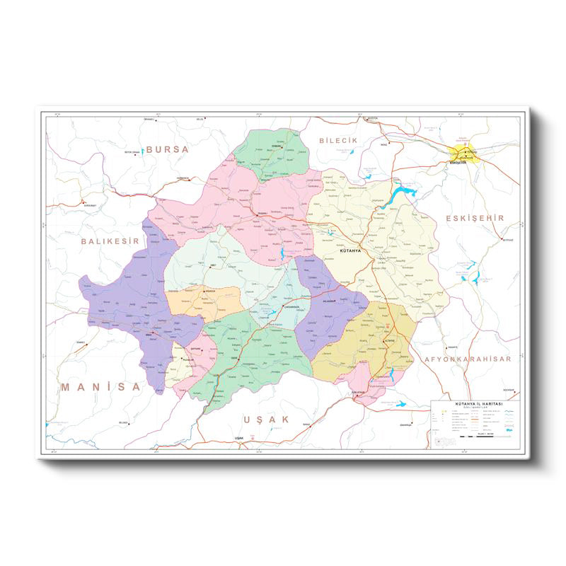 Yatay Kanvas Tablo Kütahya İlçe Sınırları Harita Tablosu Ev Ofis Duvar Dekoru