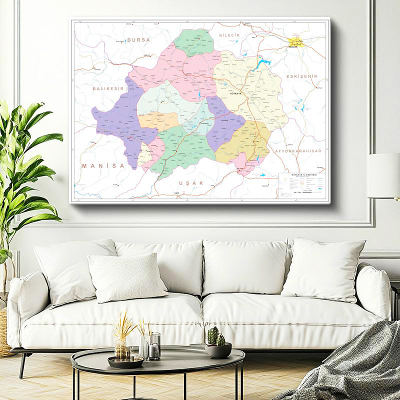Yatay Kanvas Tablo Kütahya İlçe Sınırları Harita Tablosu Ev Ofis Duvar Dekoru