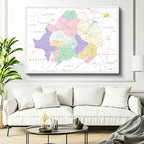 Yatay Kanvas Tablo Kütahya İlçe Sınırları Harita Tablosu Ev Ofis Duvar Dekoru