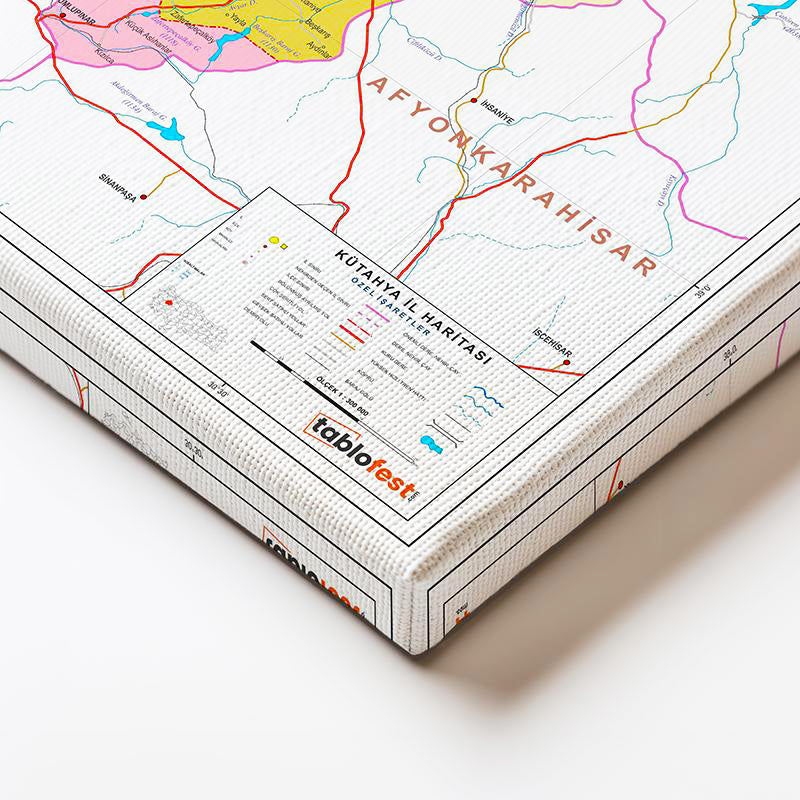 Yatay Kanvas Tablo Kütahya İlçe Sınırları Harita Tablosu Ev Ofis Duvar Dekoru