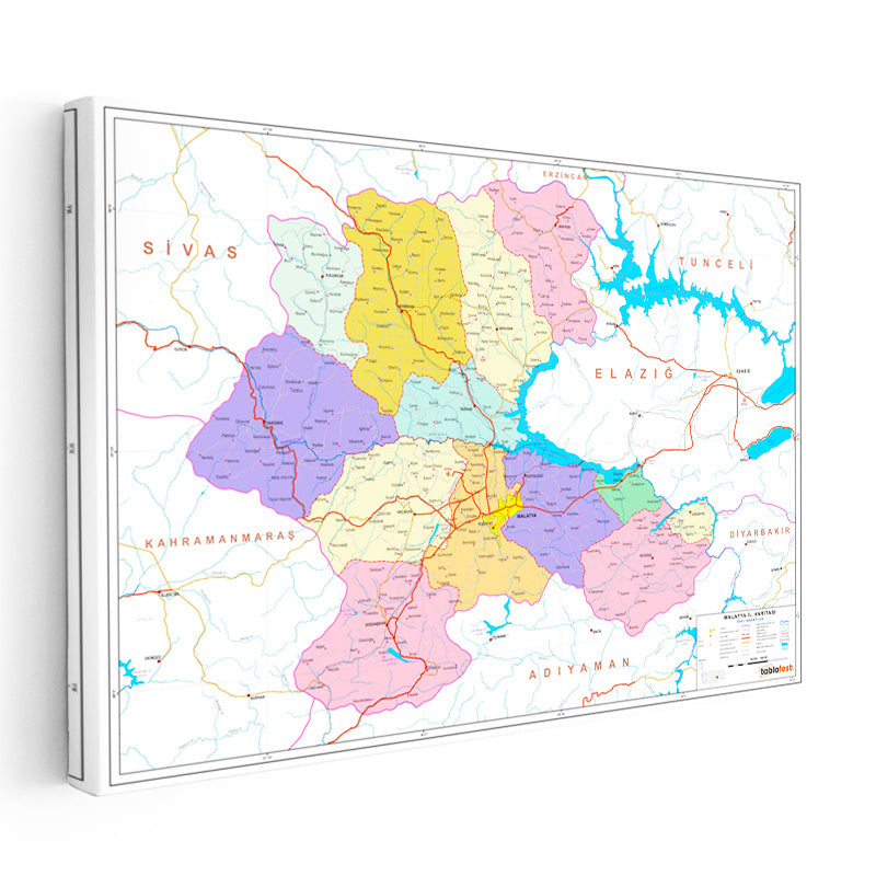 Yatay Kanvas Tablo Malatya Siyasi Sınır Harita Tablosu Ev Ofis Duvar Dekoru
