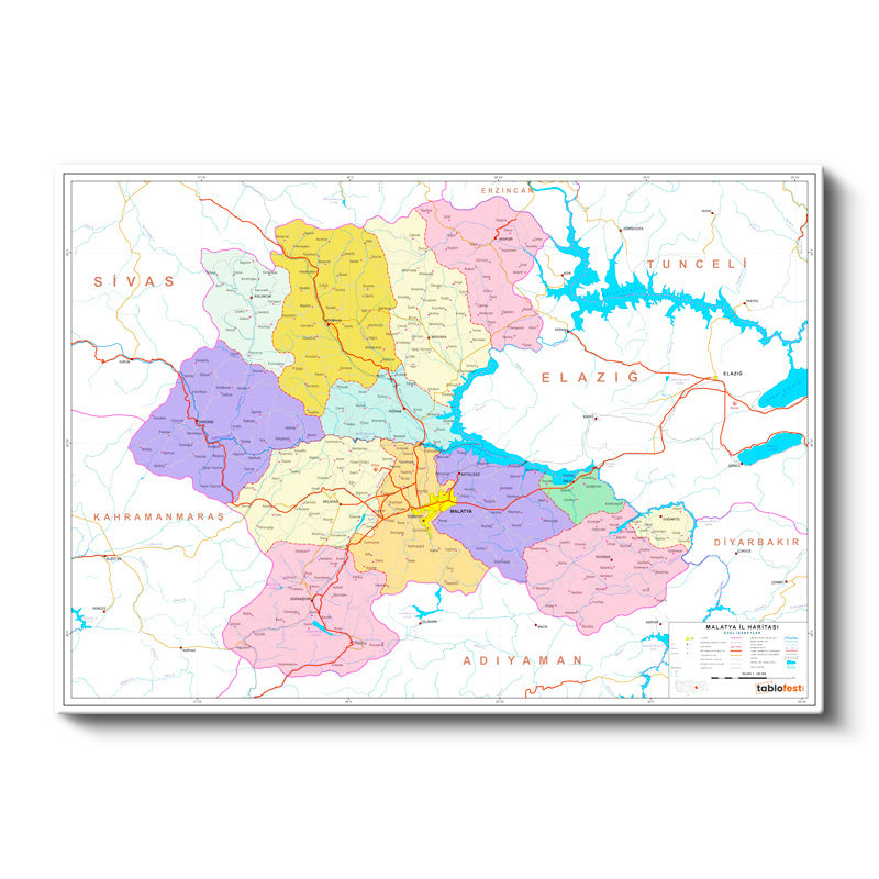 Yatay Kanvas Tablo Malatya Siyasi Sınır Harita Tablosu Ev Ofis Duvar Dekoru