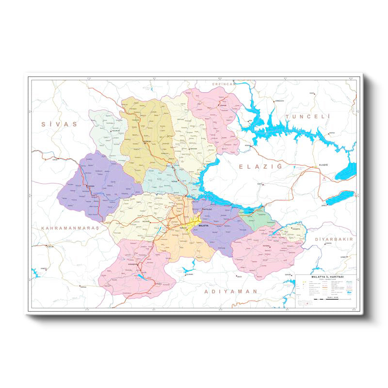 Yatay Kanvas Tablo Malatya Siyasi Sınır Harita Tablosu Ev Ofis Duvar Dekoru