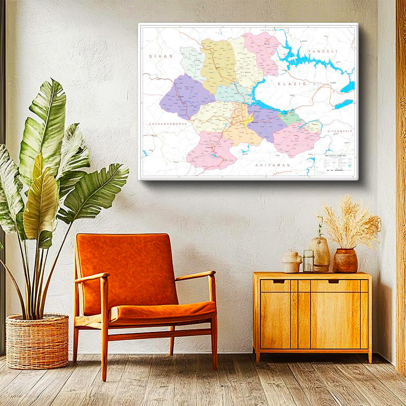 Yatay Kanvas Tablo Malatya Siyasi Sınır Harita Tablosu Ev Ofis Duvar Dekoru