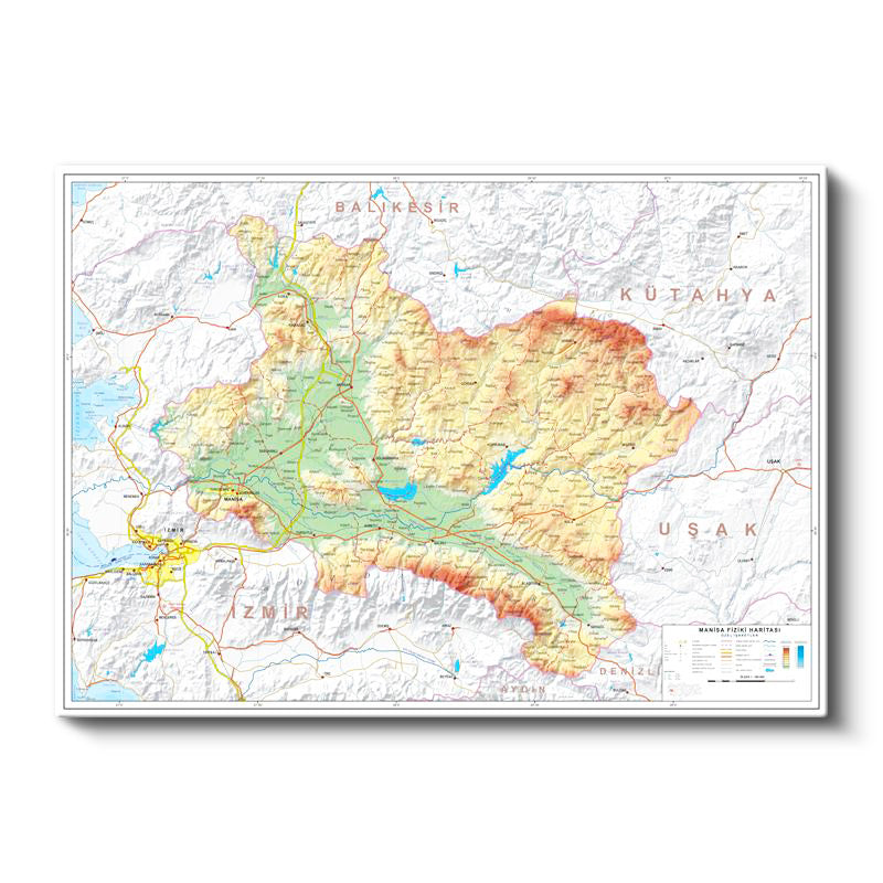 Yatay Kanvas Tablo Manisa Fiziki Yeryüzü Harita Tablosu Ev Ofis Duvar Dekoru
