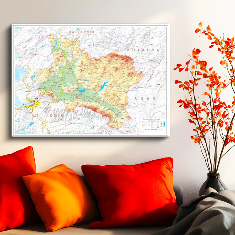 Yatay Kanvas Tablo Manisa Fiziki Yeryüzü Harita Tablosu Ev Ofis Duvar Dekoru