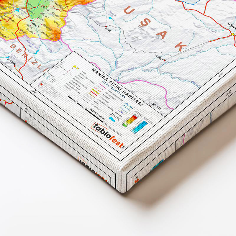 Yatay Kanvas Tablo Manisa Fiziki Yeryüzü Harita Tablosu Ev Ofis Duvar Dekoru