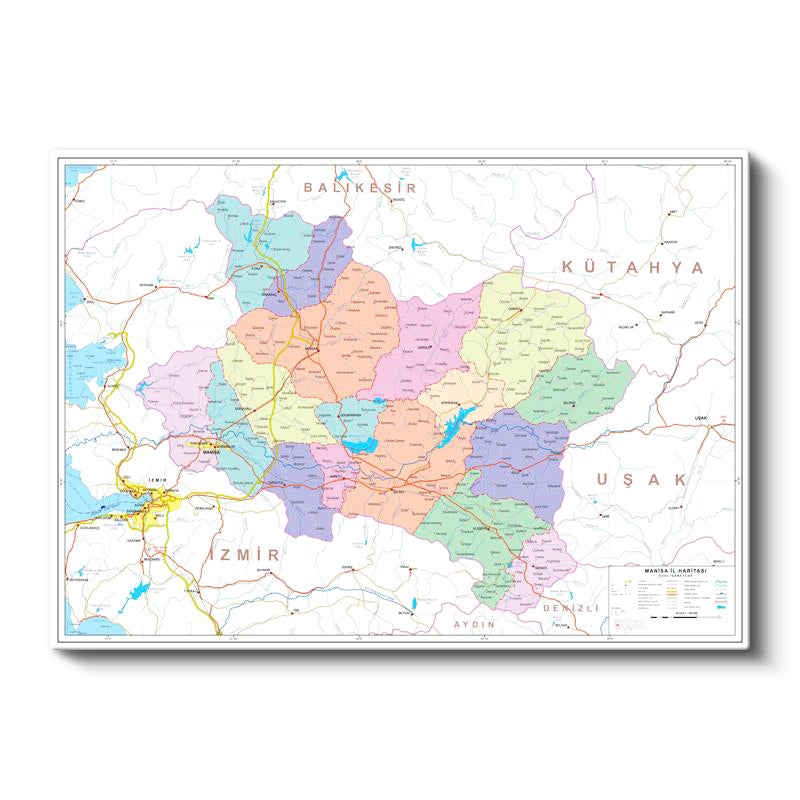 Yatay Kanvas Tablo Manisa İdari Bölümler Harita Tablosu Ev Ofis Duvar Dekoru