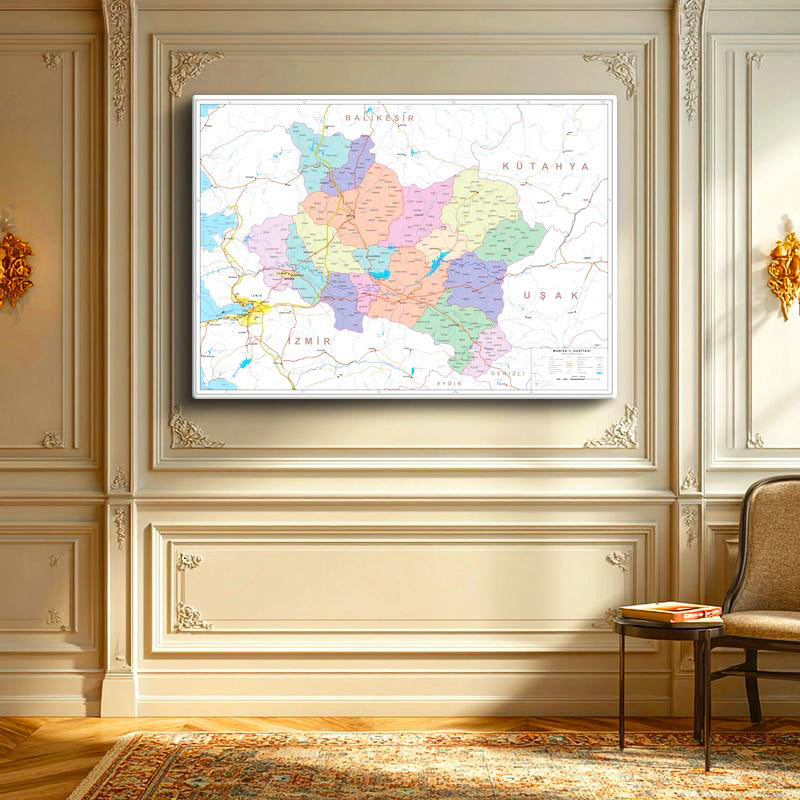 Yatay Kanvas Tablo Manisa İdari Bölümler Harita Tablosu Ev Ofis Duvar Dekoru