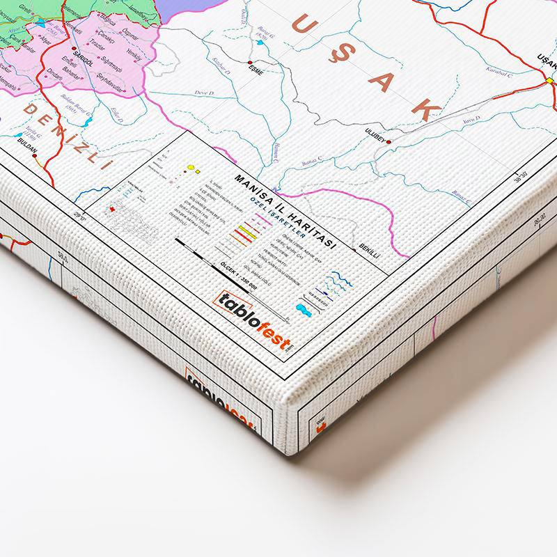 Yatay Kanvas Tablo Manisa İdari Bölümler Harita Tablosu Ev Ofis Duvar Dekoru