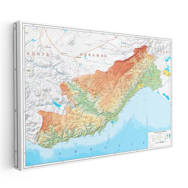 Yatay Kanvas Tablo Mersin Topografik Çizim Harita Tablosu Ev Ofis Duvar Dekoru